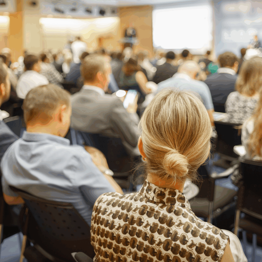 A woman with blonde hair in a low bun, wearing a patterned blouse, sits among a large audience at an indoor professional event or conference. The crowd is facing a speaker at the front of the room, and several attendees appear to be taking notes or using mobile devices.